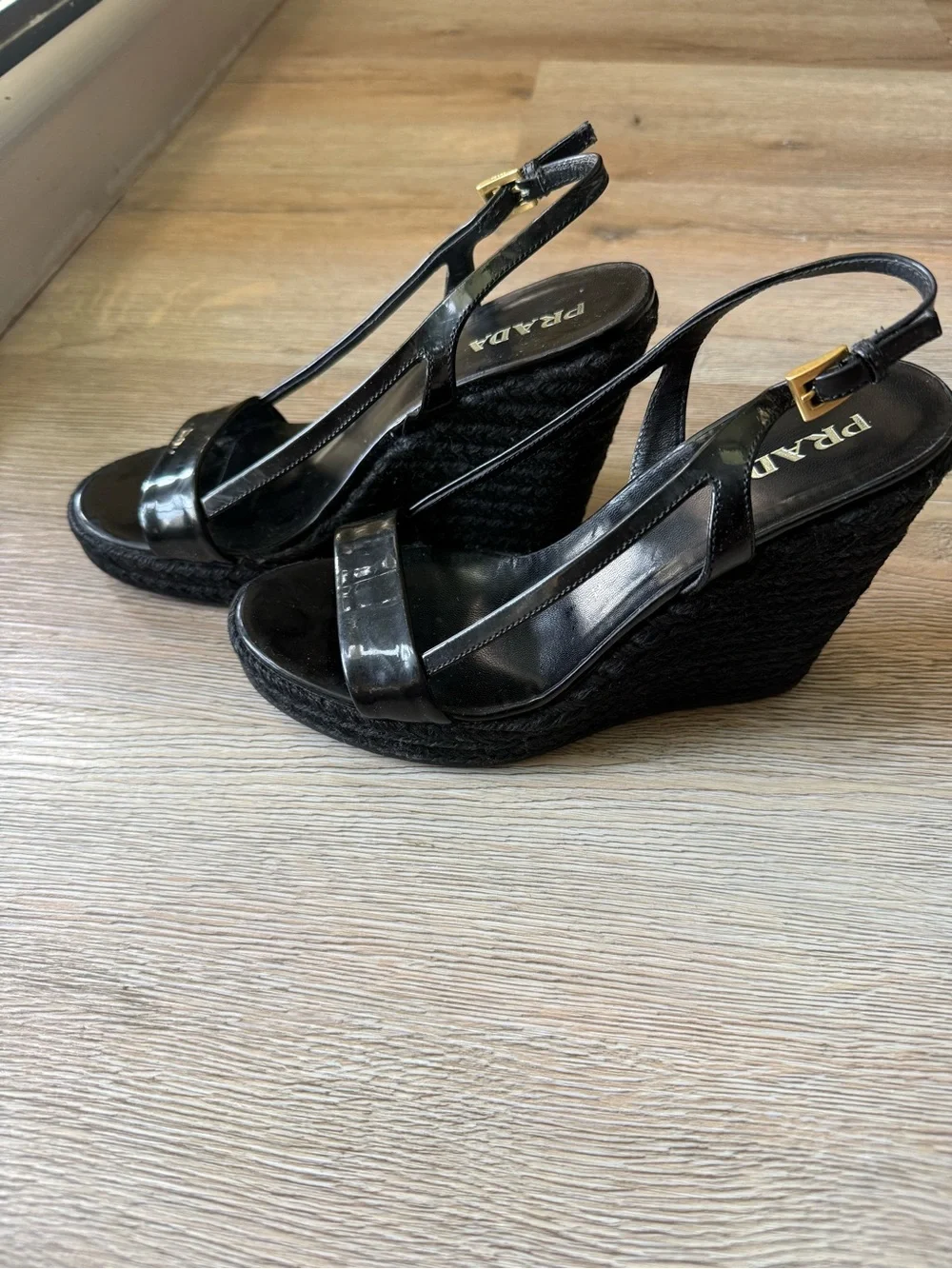 Prada Black Patent Platform Slingback Wedges with Gold Buckles